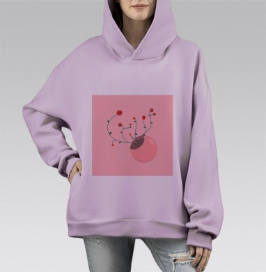 Красные цветы в розовой вазе на светлом фоне, Hoodie Mono Fiolet, оверсайз, утепленная