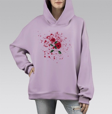 Красные цветы зелёные листья на фоне красных пятен, Hoodie Mono Fiolet, оверсайз, утепленная