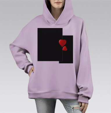 Красные сердца на черном фоне парят надписи, Hoodie Mono Fiolet, оверсайз, утепленная