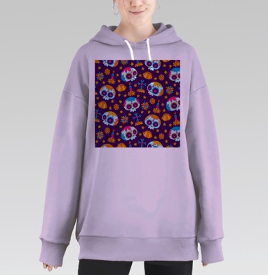 Красочные черепа и цветы на темнофиолетовом фоне, Hoodie Long Oversize Fiolet
