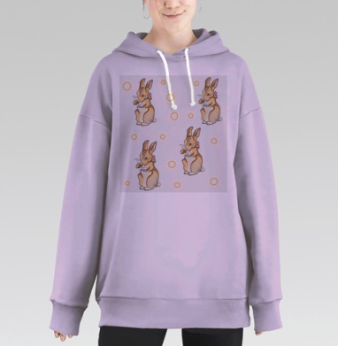 Кролики с чашками в теплых тонах на белом фоне, Hoodie Long Oversize Fiolet