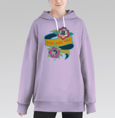 Лента с цветами и лозунгом Пришел увидел победил, Hoodie Long Oversize Fiolet