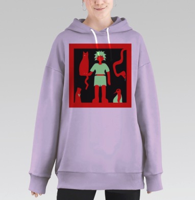 Мальчик с дикими животными в красно черной палитре, Hoodie Long Oversize Fiolet