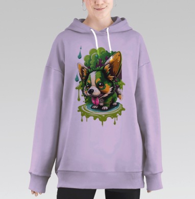 Маленькая корги бежит зелёный фон веселый стиль, Hoodie Long Oversize Fiolet