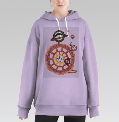 Механизм времени в акварели с зелёным коричневым жёлтым, Hoodie Long Oversize Fiolet