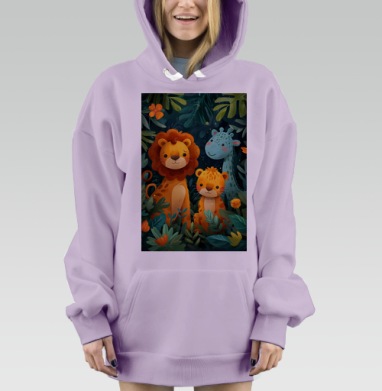 Милые дикие животные в зелёной тропической чаще, Hoodie Mjhigh Dig Mel, Fiolet, утепленная