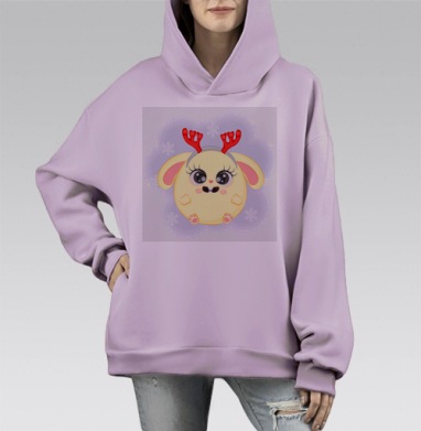 Милый желтый зверек с красными рожками среди белых снежинок, Hoodie Mono Fiolet, оверсайз, утепленная