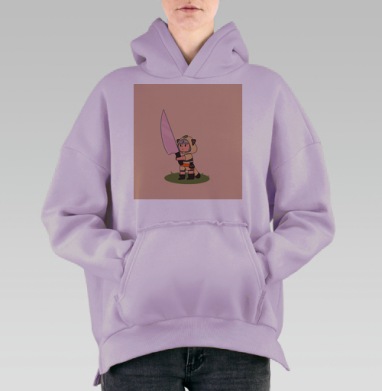Милый персонаж с большим ножом и зелёной травой на фоне, Hoodie Oversize Fiolet, утепленная