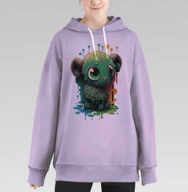 Милый зеленый барашек сидит граффити легкой игры, Hoodie Long Oversize Fiolet