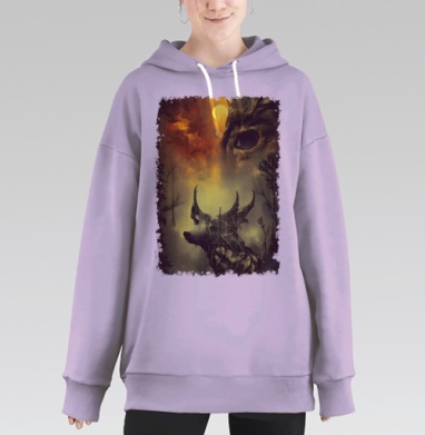 Мистическая лесная сцена волк и олень встреча тайн, Hoodie Long Oversize Fiolet