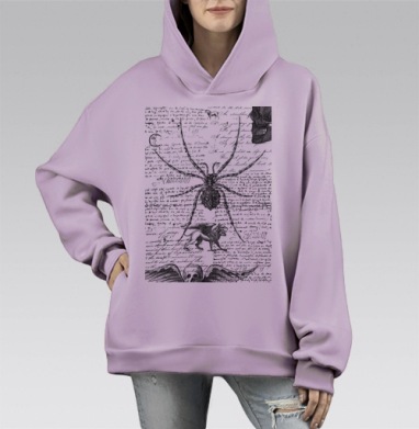 Мистический черно белый паук старинная гравюра с надписями, Hoodie Mono Fiolet, оверсайз, утепленная