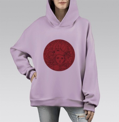 Мистический ребёнок с рогами и лесными символами живыми элементами, Hoodie Mono Fiolet, оверсайз, утепленная