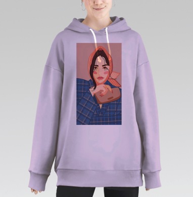 Модная девушка в розовой косынке и синем пальто, Hoodie Long Oversize Fiolet