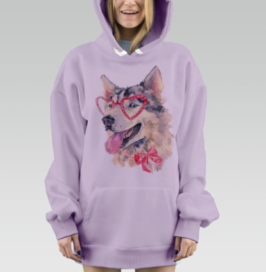 Акварельная картина Хаски в очках с бантом, Hoodie Mjhigh Dig Mel, Fiolet, утепленная