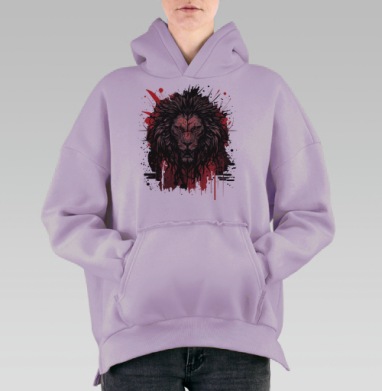 Могучий агрессивный лев с красными брызгами в конце, Hoodie Oversize Fiolet, утепленная