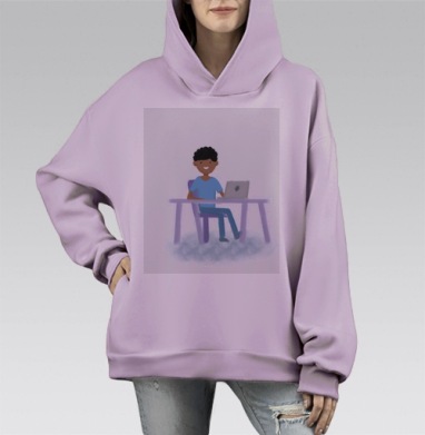 Молодой человек за ноутбуком синий сиреневый серый, Hoodie Mono Fiolet, оверсайз, утепленная