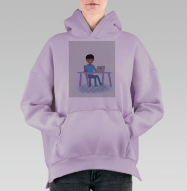 Молодой человек за ноутбуком синий сиреневый серый, Hoodie Oversize Fiolet, утепленная