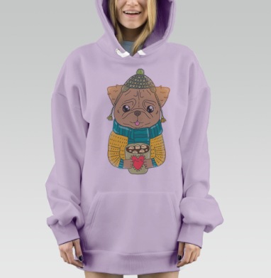 Милый мопс в уютном зимнем наряде с чашкой шоколада, Hoodie Mjhigh Dig Mel, Fiolet, утепленная