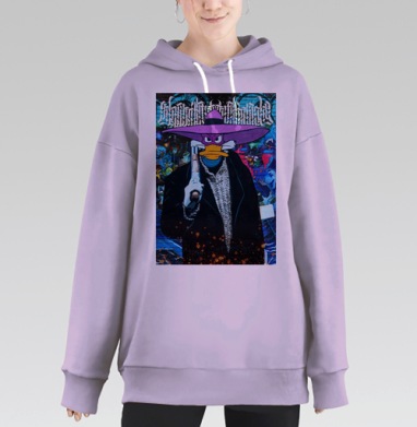 Мощный персонаж с пистолетом в фиолетовой шляпе и черном плаще, Hoodie Long Oversize Fiolet