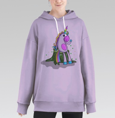 Мультяшный единорог на волшебном пне настроение цифровой селфи, Hoodie Long Oversize Fiolet