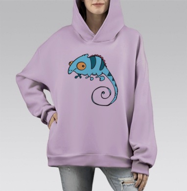 Мультяшный голубой хамелеон весело играющий, Hoodie Mono Fiolet, оверсайз, утепленная