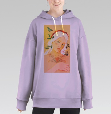 Нежная женщина с бабочками и листьями в пастельных тонах, Hoodie Long Oversize Fiolet