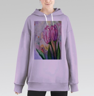 Нежное весеннее пробуждение тюльпанов с каплями росы, Hoodie Long Oversize Fiolet