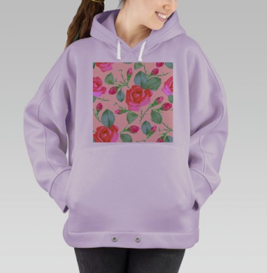 Нежные акварельные розы с зелёными листьями композиция, Hoodie Oversize Fiolet