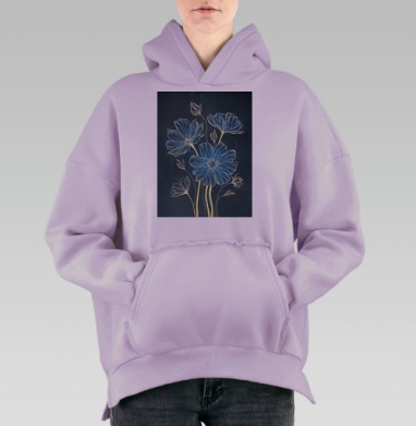 Нежные синие цветы на темном фоне спокойствие вдохновение умиротворение, Hoodie Oversize Fiolet, утепленная
