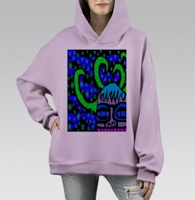 Неоновая маска зелёная зимой синяя снежинки, Hoodie Mono Fiolet, оверсайз, утепленная