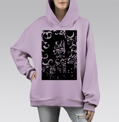Ночная королева над городом черно-белая графика, Hoodie Mono Fiolet, оверсайз, утепленная