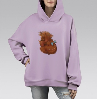 Объёмный персонаж с объятием и мягкой текстурой принта, Hoodie Mono Fiolet, оверсайз, утепленная