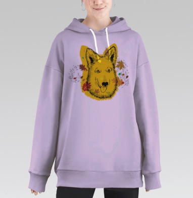 Осенний дружелюбный собака светлые желтые листья осень прогулка, Hoodie Long Oversize Fiolet