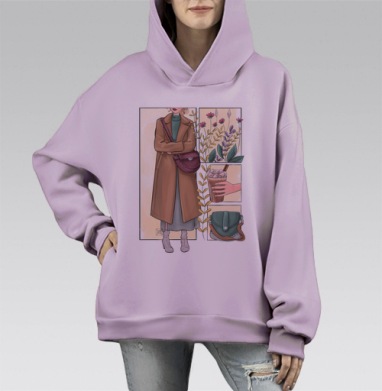 Осенний образ девушки с сумкой и кофейным напитком, Hoodie Mono Fiolet, оверсайз, утепленная