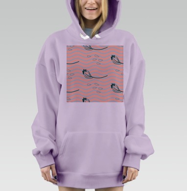 Пастельные волны и темно зеленые цветы на розовом фоне, Hoodie Mjhigh Dig Mel, Fiolet, утепленная