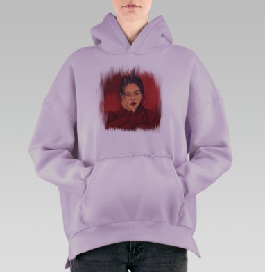 Печальная японка в красном пальто девушка эмоция чувства, Hoodie Oversize Fiolet, утепленная