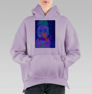 Пиксельный снеговик с оранжевым носом и фиолетовым шарфом, Hoodie Oversize Fiolet, утепленная