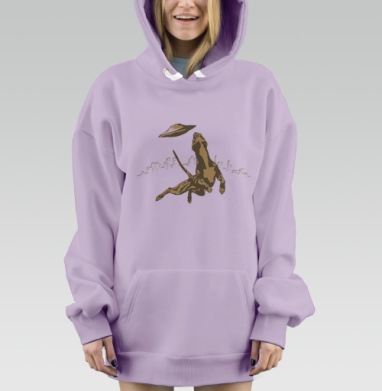 Playful Dog/Игривая собака прыгает к летающей тарелке над силуэтом города, Hoodie Mjhigh Dig Mel, Fiolet, утепленная