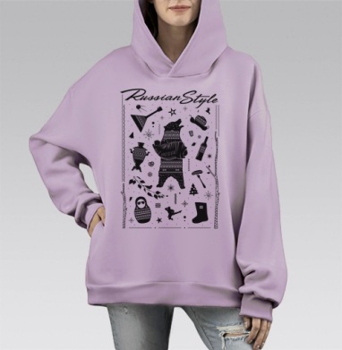 Праздничное русское застолье с традиционными элементами Russian Style, Hoodie Mono Fiolet, оверсайз, утепленная