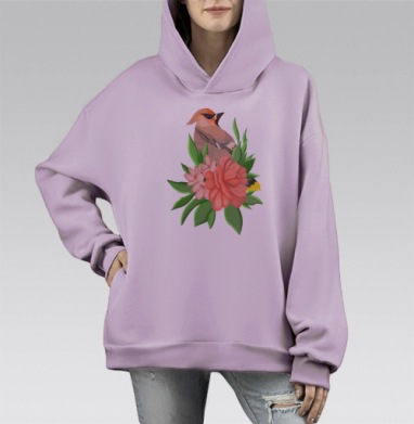 Птица с цветами зелеными и розовыми листьями в букете, Hoodie Mono Fiolet, оверсайз, утепленная