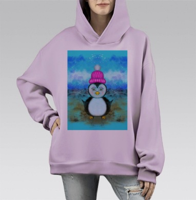 Пухлый маленький пингвинёнок в яркой шапке гуляющий по полю, Hoodie Mono Fiolet, оверсайз, утепленная