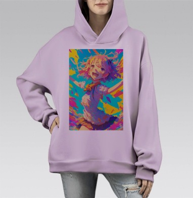 Радостная девочка в движении с яркими красками и светлым настроением, Hoodie Mono Fiolet, оверсайз, утепленная