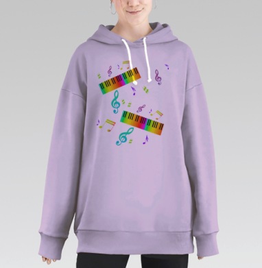 Радужные клавиши и музыкальные ноты на светло сером фоне, Hoodie Long Oversize Fiolet