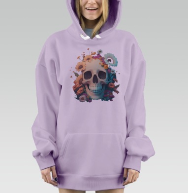 Реалистичный череп с живыми цветами венком красоты жизни, Hoodie Mjhigh Dig Mel, Fiolet, утепленная