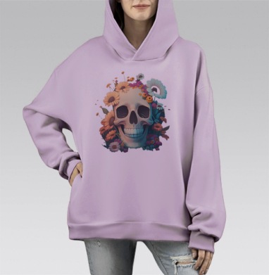 Реалистичный череп с живыми цветами венком красоты жизни, Hoodie Mono Fiolet, оверсайз, утепленная