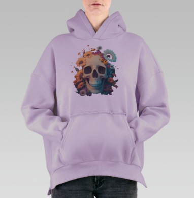Реалистичный череп с живыми цветами венком красоты жизни, Hoodie Oversize Fiolet, утепленная