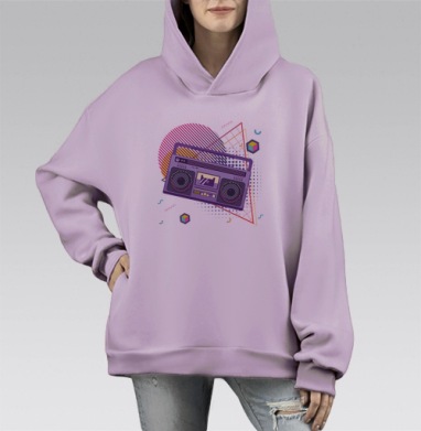 Ретро магнитофон фиолетовый в геометрическом стиле на сером фоне, Hoodie Mono Fiolet, оверсайз, утепленная