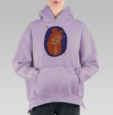 Рыжеволосая грустная девушка звездное небо, Hoodie Oversize Fiolet, утепленная