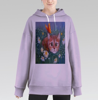 Рыжий котёнок с мотыльком на зелёной траве, Hoodie Long Oversize Fiolet
