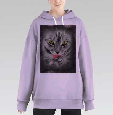 Серая кошка с зелеными глазами лижет лапку дымчатая кошка, Hoodie Long Oversize Fiolet